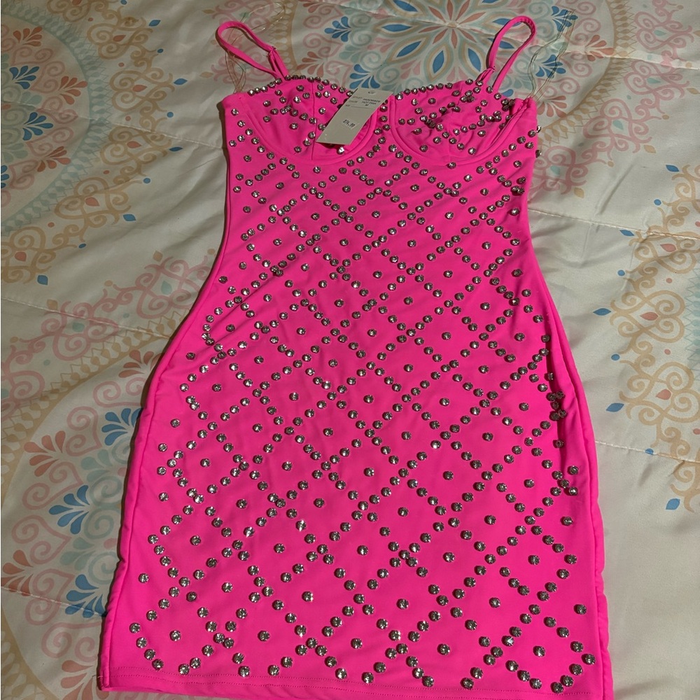 Vibrant Pink Studded Mini Dress